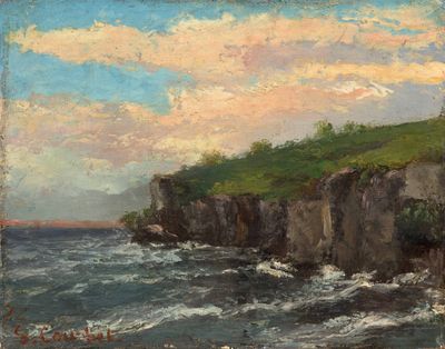 une image représentant un tableau d'un phare situé sur une falaise au bord de l'océan