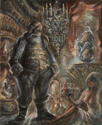 une image représentant un tableau où l'on voit un homme debout devant un lustre