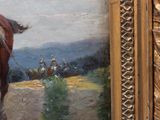 a painting of a man riding a horse in a field