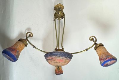 a chandelier hanging from the ceiling in a room