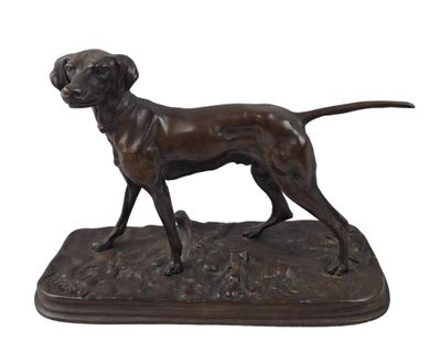 bronze statue of a dog standing on a base on a white background