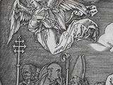 illustration of a drawing of an angel flying over a group of people