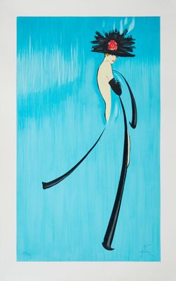 un tableau représentant une femme en robe noire, avec une fleur sur la tête