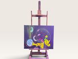 un petit chevalet sur lequel est posé un tableau, posé sur une surface blanche