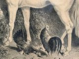 painting of a horse and a rooster eating hay in a barn