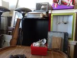a wooden table with a red box on top of it