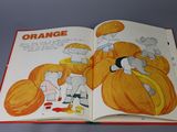 an open book with a picture of a boy and a girl on a pumpkin