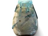 a glass vase with fish in it on a white surface