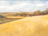 a painting of a field of yellow grass with trees in the background