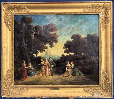une peinture à l'huile représentant un groupe de personnes dans un cadre boisé