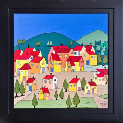 an image of a painting of a town with houses and trees