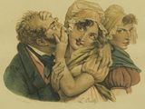 painting of three men and a woman with headscarves on their heads