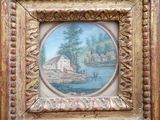 une vieille photo représentant un tableau où l'on voit un bateau sur une rivière