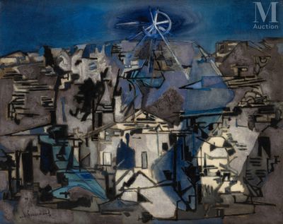 abstract painting of a city with a windmill in the background
