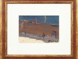 framed painting of a beach scene with people walking on the sand