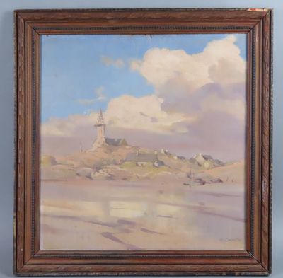 an oil painting of a beach scene with a lighthouse in the distance