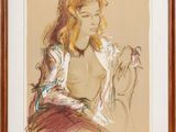 l'image d'un dessin représentant une femme assise sur un canapé