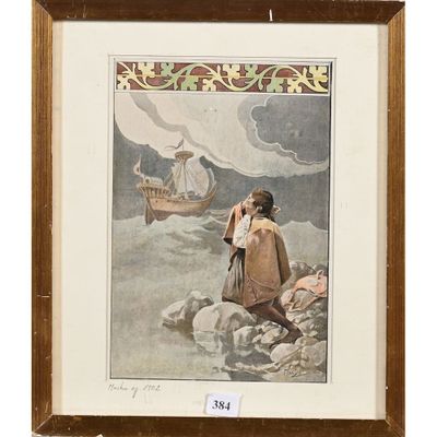 une image représentant un tableau où l'on voit un homme assis sur un rocher, avec un bateau en arrière-plan