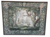 an image of a painting of a man and a dog in a forest