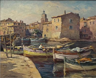 une peinture de bateaux dans un port avec des bâtiments à l'arrière-plan