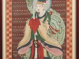 un tableau représentant une femme vêtue d'une robe rouge tenant un dragon vert