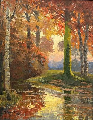an oil painting of a stream running through a forest filled with trees