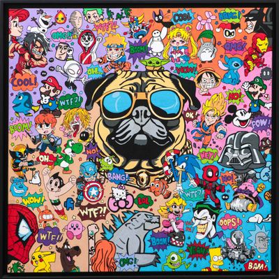 a painting of a pug dog surrounded by cartoon characters