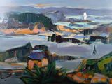 une peinture à l'huile d'un paysage avec une montagne en arrière-plan