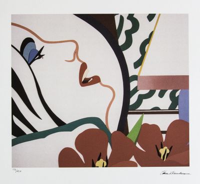 une image représentant un tableau montrant le visage d'une femme, avec des fleurs au premier plan