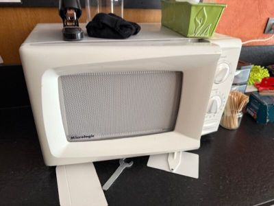 un micro-ondes posé sur un comptoir dans une cuisine