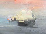 an oil painting of a boat in a body of water at sunset