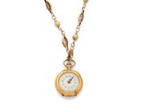 a close up of a gold necklace with a clock on it