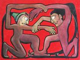 painting of two people fighting with each other in a square