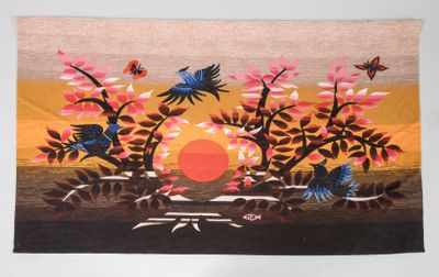 a picture of a tapestry with birds and flowers on it