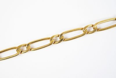a close up of a gold chain bracelet on a white background