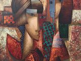 un tableau représentant deux femmes sur fond rouge