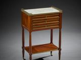 an image of a small table with a marble top and two drawers