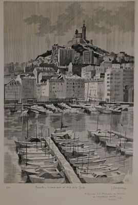 a drawing of boats in a harbor with a castle in the background