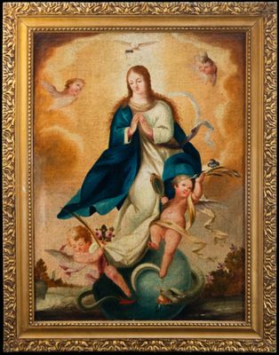 an image of a painting of the virgin and child with angels