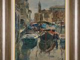 an oil painting of boats docked in a harbor with buildings in the background