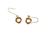 a pair of gold heart shaped earrings on a white background