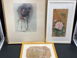 trois reproductions, encadrées et non encadrées, représentant une femme et des fleurs