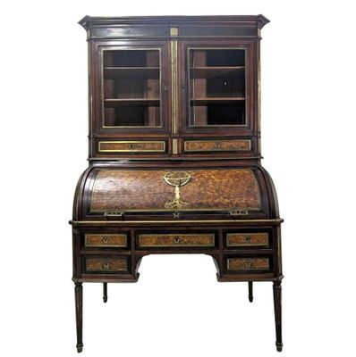 an image of a desk with a wooden top and drawers