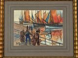 a painting of a group of people walking on a pier