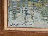 a painting of a boat on the water in the water