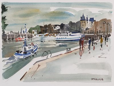 a watercolor painting of people walking on the sidewalk
