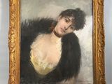 un tableau représentant une femme vêtue d'une robe noire et blanche