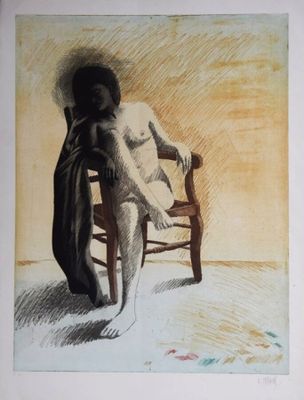 drawing of a woman sitting in a chair with a blanket on her back