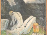 an oil painting of a man sitting on a bed next to a lamp