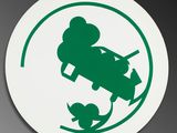 an image of a green and white sticker with a picture of a person on a skateboard